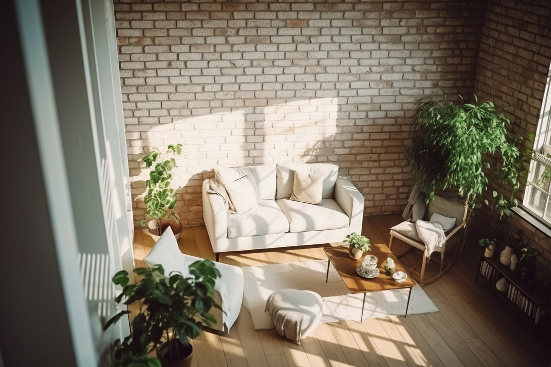 A room with a brick wall, couch, plant, chair, and coffee table.