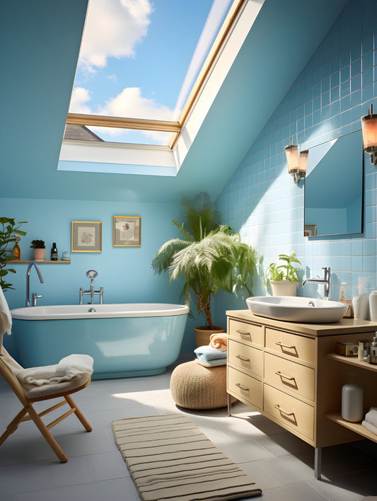 Bathroom with skylight, tub, framed picture, chair with blanket, table object, striped mat, towel on bathtub, palm tree, sink with faucet.