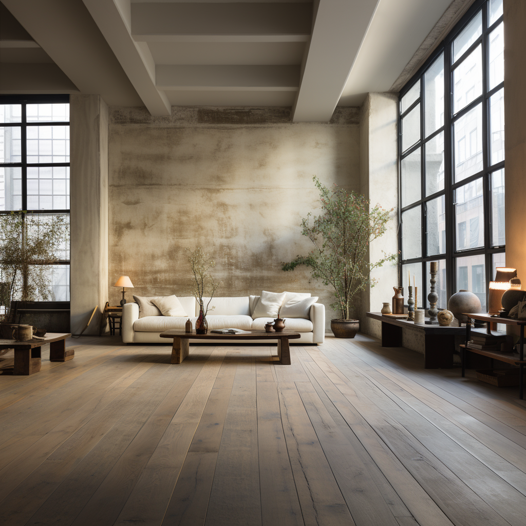 A room with large windows, table with vases and books, tree, couch, and coffee table.