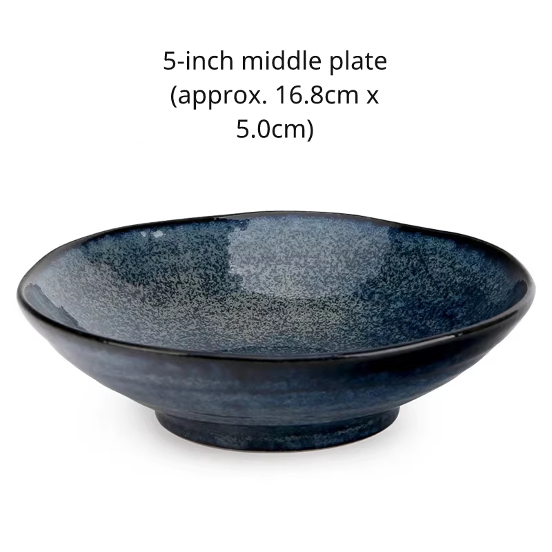 Close-up of a 6.5-inch medium plate/shallow bowl in dark blue speckled ceramic, isolated on white.