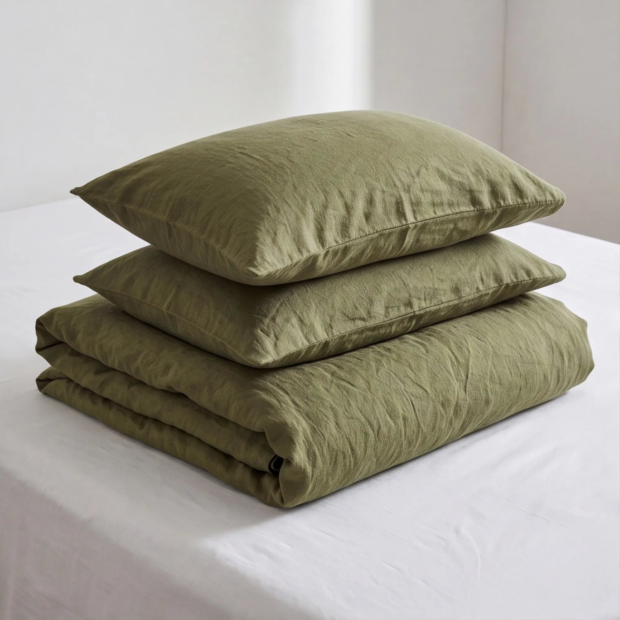 Natural olive green stonewashed linen bedding set folded with duvet cover and pillowcases on white bed