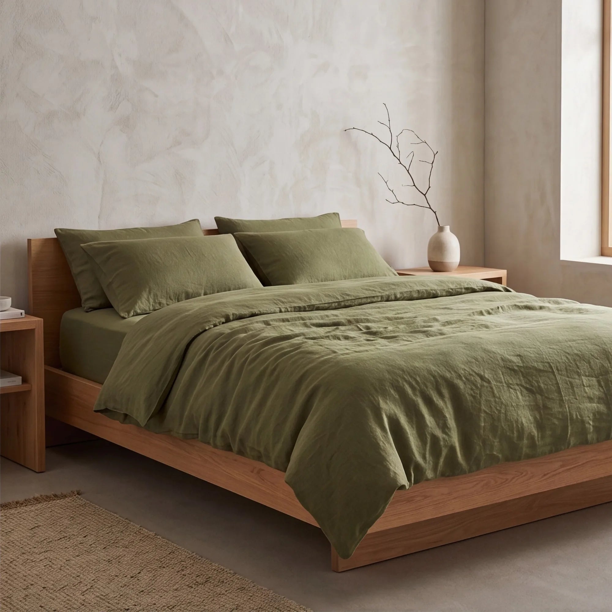 Olive green linen bedding on light wood platform bed in minimalist Japandi bedroom with plaster wall and ceramic vase