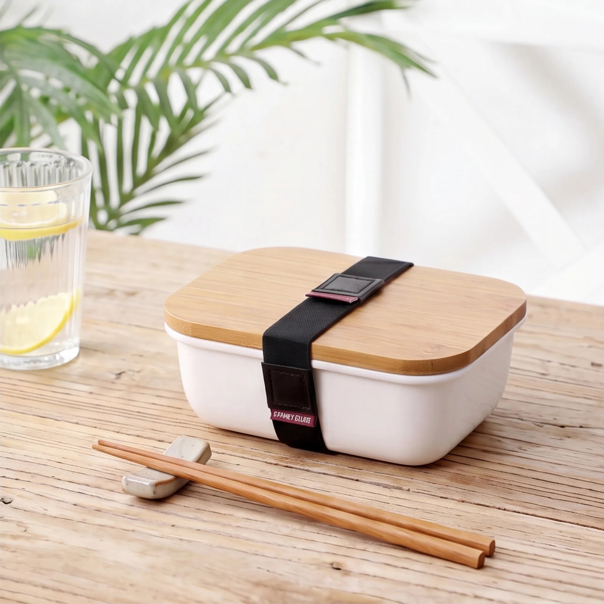Ceramic bento box with wooden lid on dining table with chopsticks and lemon water in Japandi kitchen setting