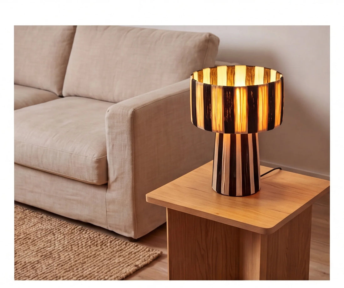 Moroccan raffia striped desk lamp turned on with warm glow on oak side table beside linen sofa in Japandi living room