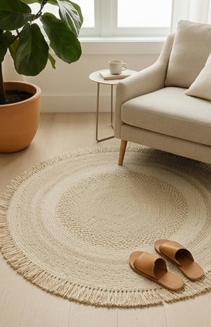 Round Wool Braided Rug — lifestyle scene with natural props