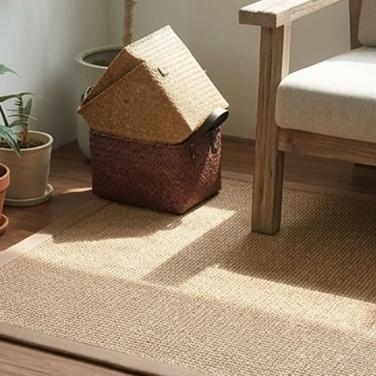Natural Jute Rug – Handwoven | Tones, Rustic Home Decor — lifestyle scene with natural props