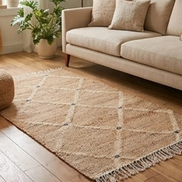 Indian Jute Rug - Beige Diamond Pattern — lifestyle scene with natural props