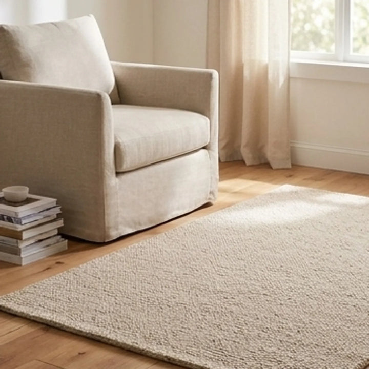 Natural Handwoven New Zealand Wool Rug — lifestyle scene with natural props
