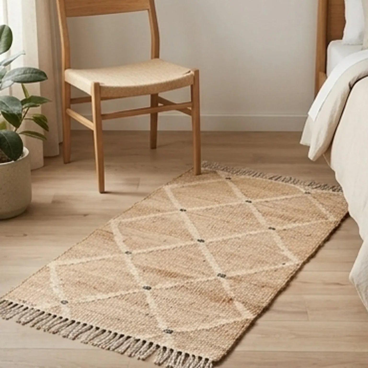 Indian Jute Rug - Beige Diamond Pattern — lifestyle scene with natural props