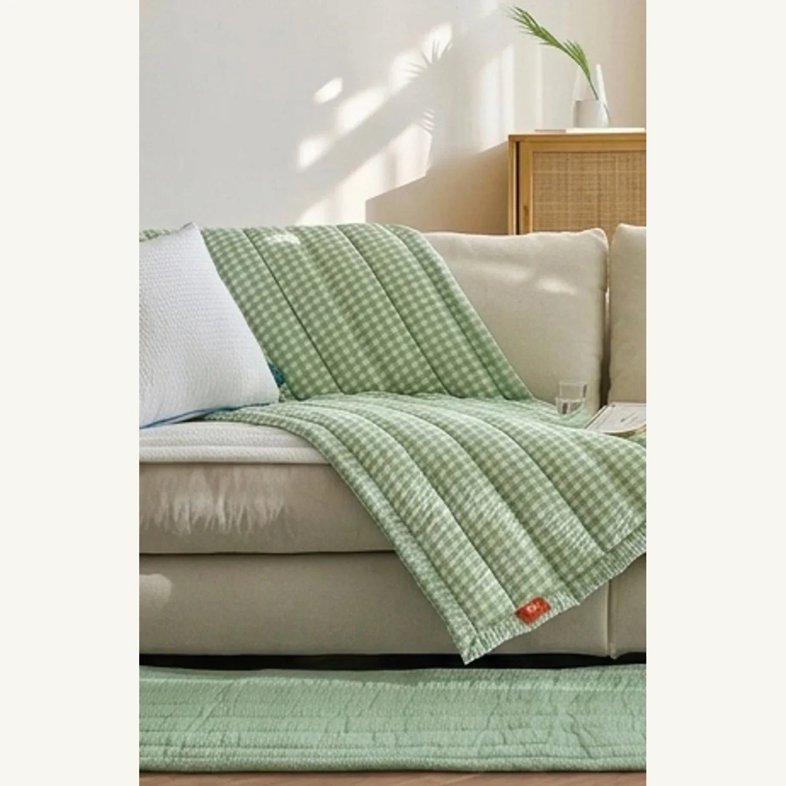 Green Gingham Sofa Protector & Rug Set - Cozy Living Room Decor — lifestyle scene with natural props