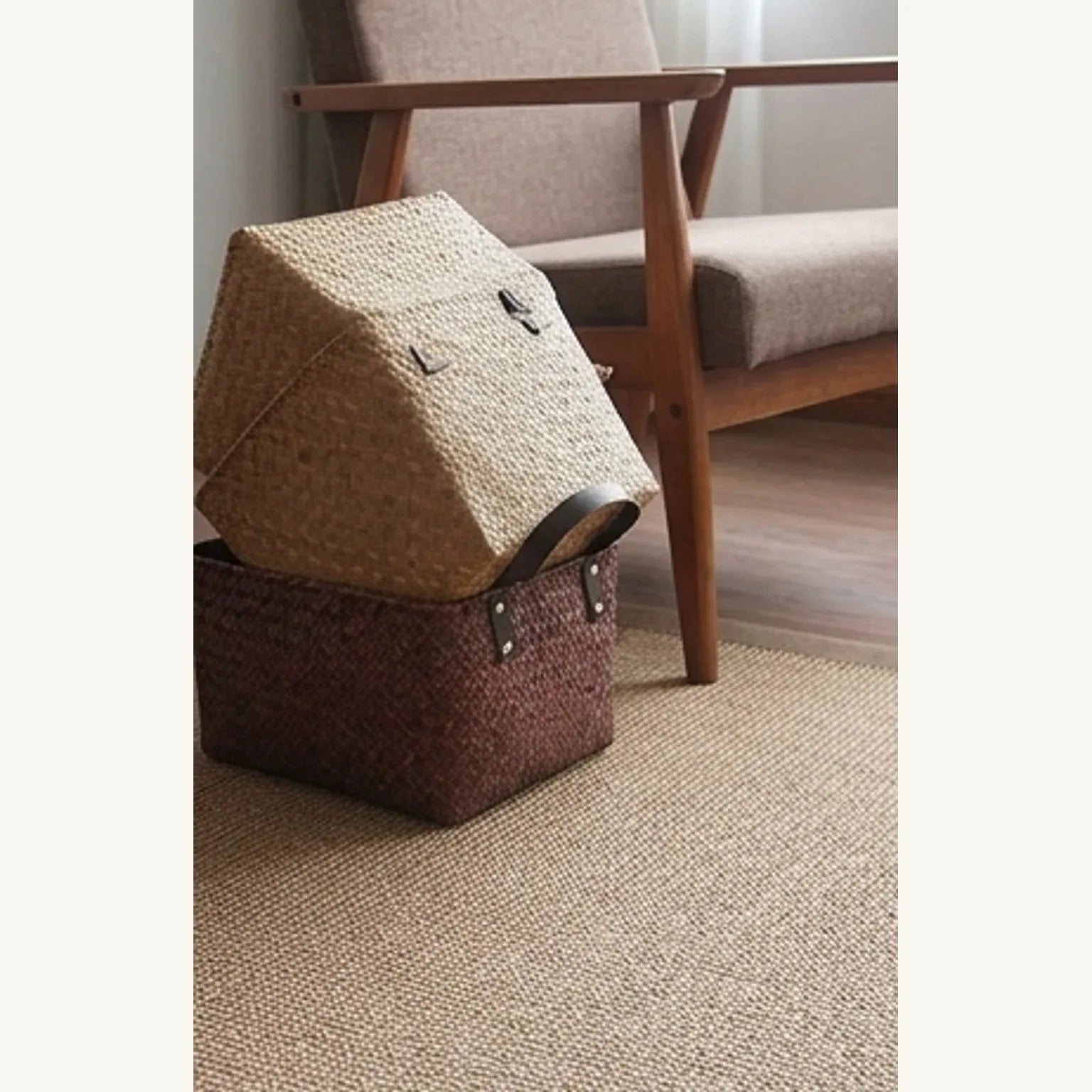 Natural Jute Rug – Handwoven | Tones, Rustic Home Decor — lifestyle scene with natural props