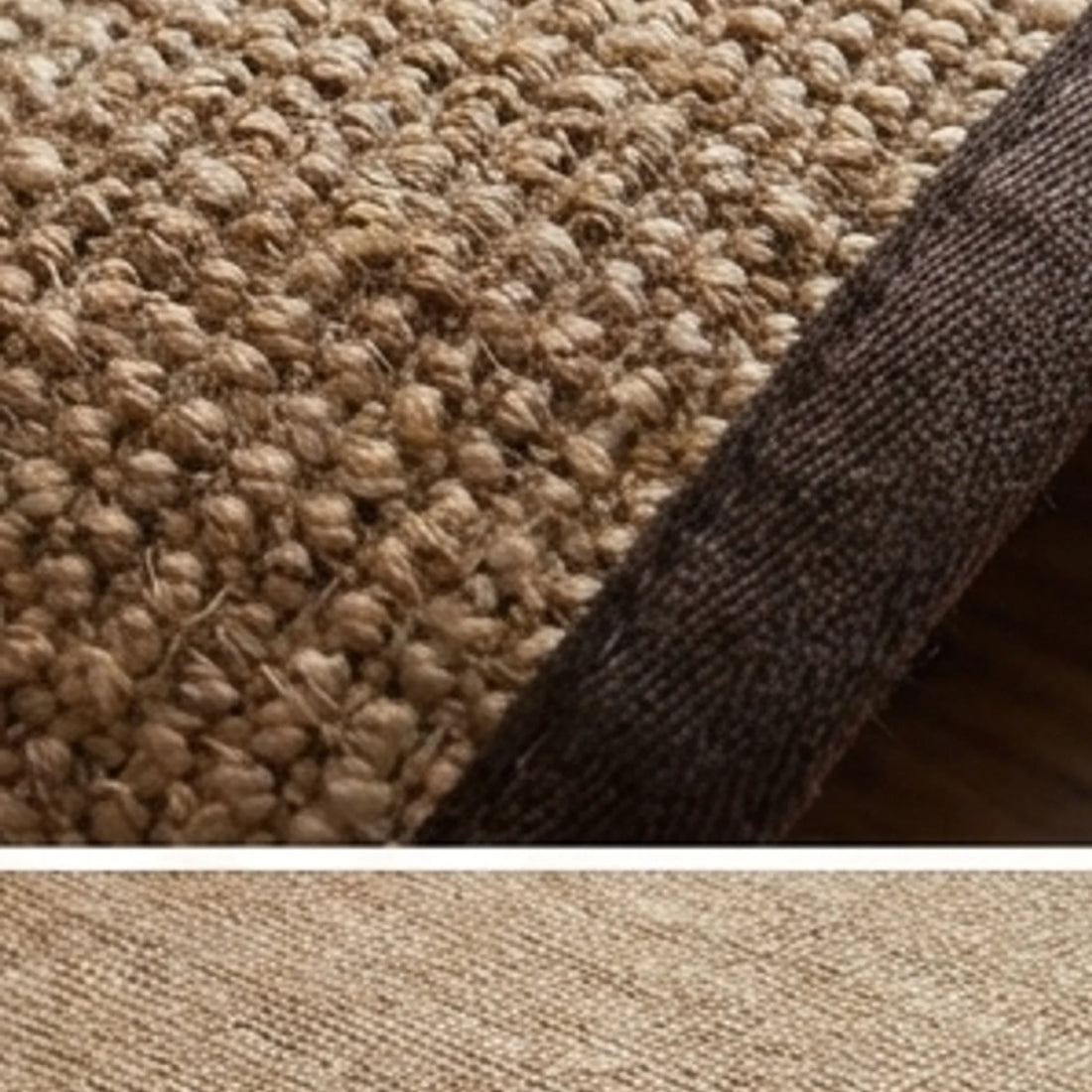 Natural Jute Rug – Handwoven | Tones, Rustic Home Decor — macro close-up showing material texture and finish