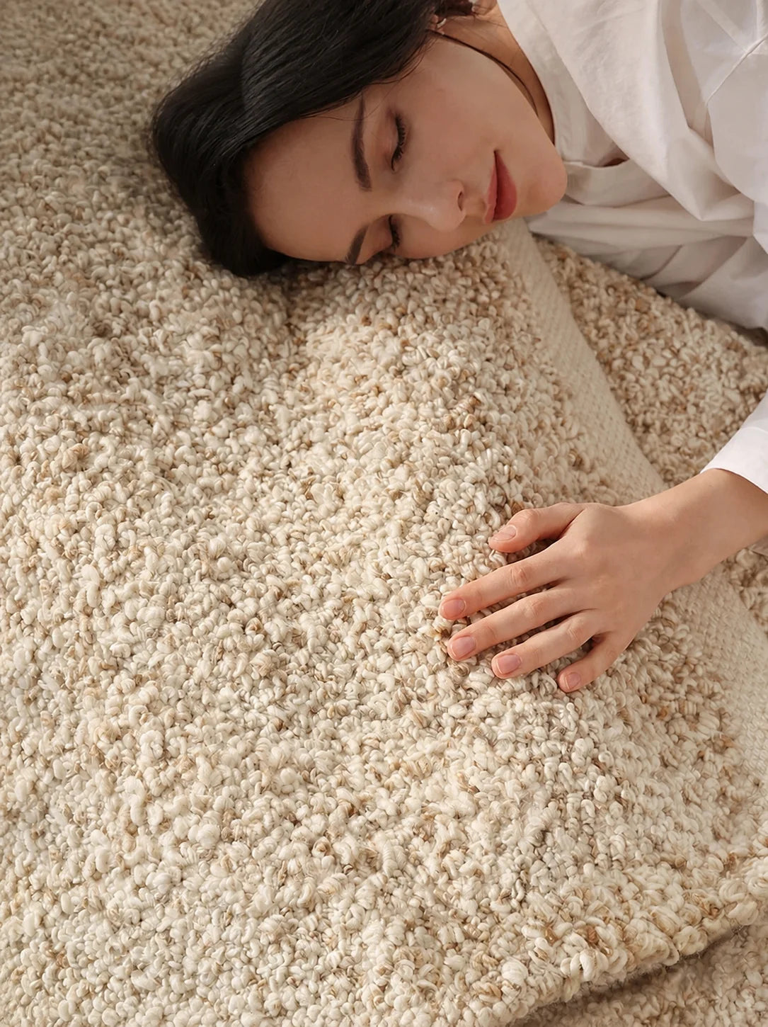 100% Hand-Woven Fluffy Beige Rug — lifestyle photo, original Chinese promotional text removed