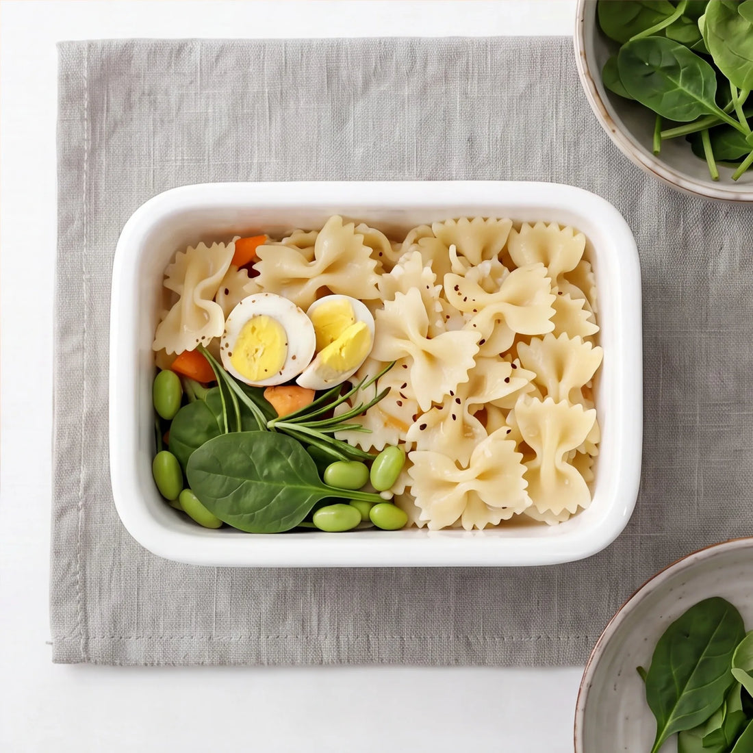 Top-down open ceramic bento box with pasta, hard-boiled egg, edamame and greens on grey linen napkin