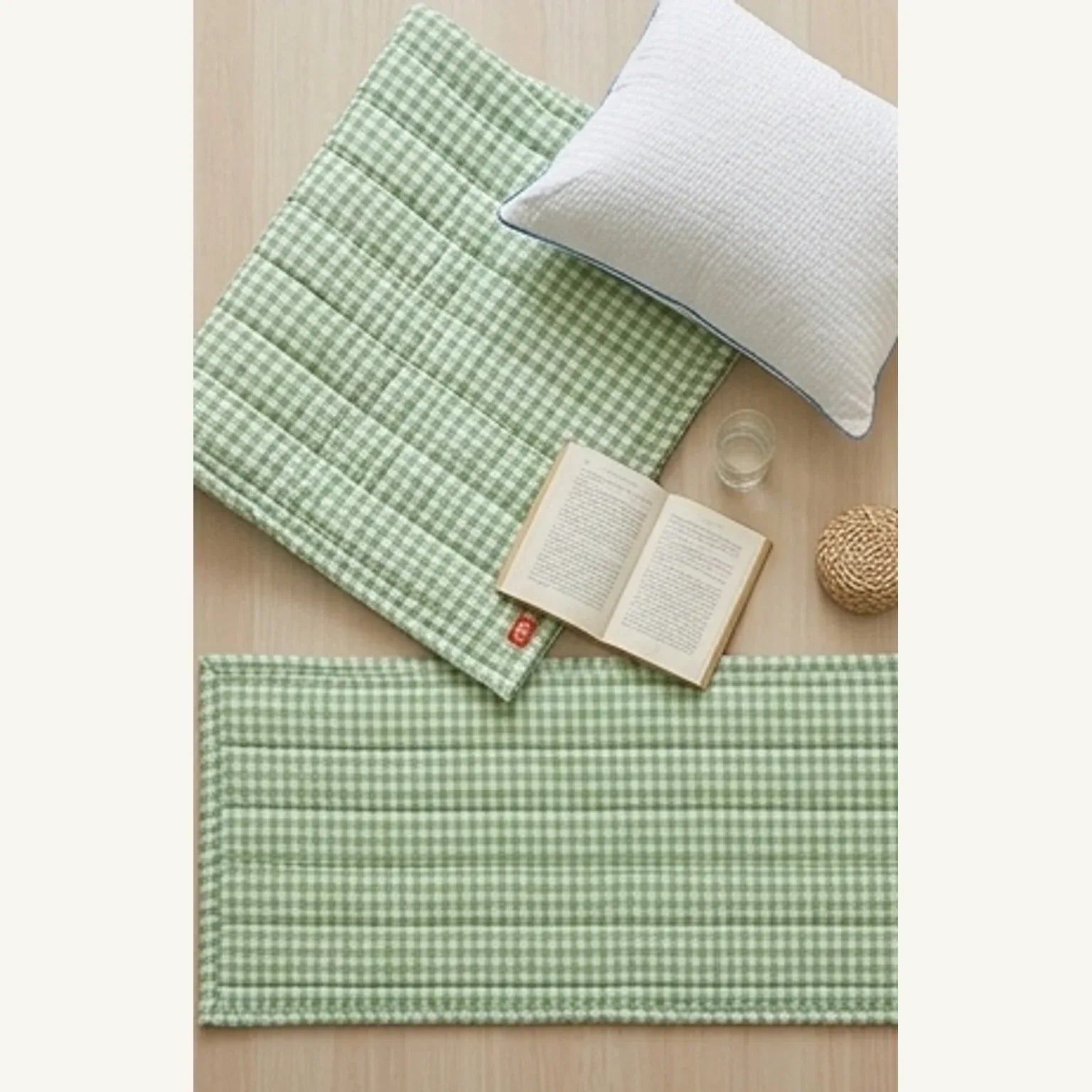 Green Gingham Sofa Protector & Rug Set - Cozy Living Room Decor — overhead flat-lay on a natural surface
