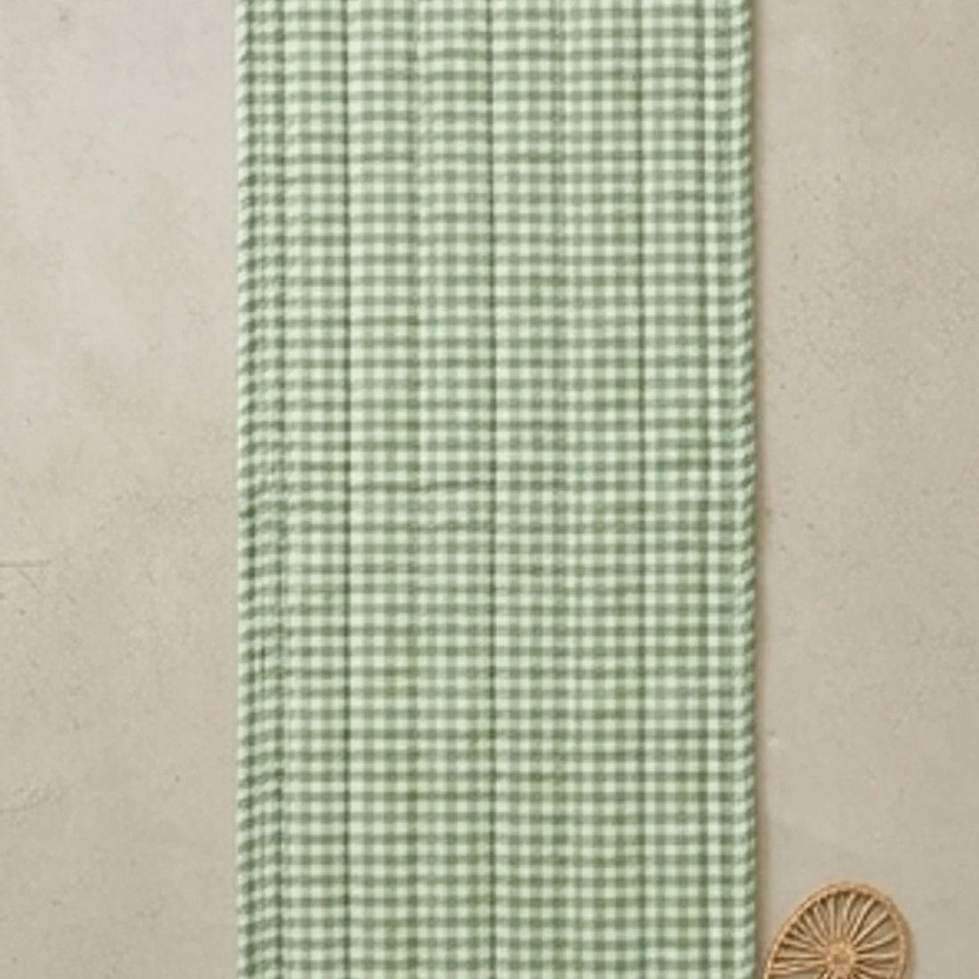 Green Gingham Sofa Protector & Rug Set - Cozy Living Room Decor — overhead flat-lay on a natural surface