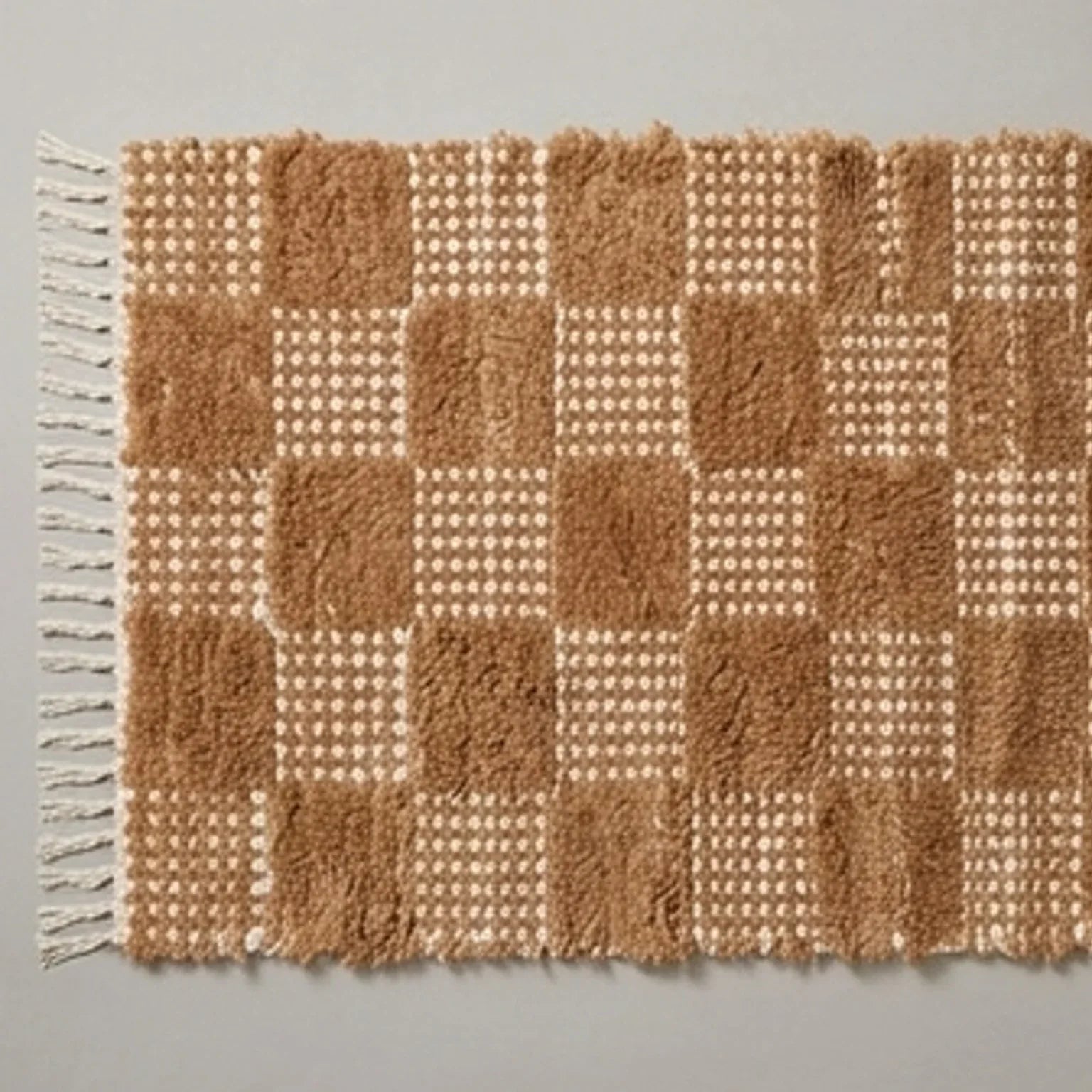 Handwoven Cotton Checkered Rug  2.3x4.6 — overhead flat-lay on a natural surface