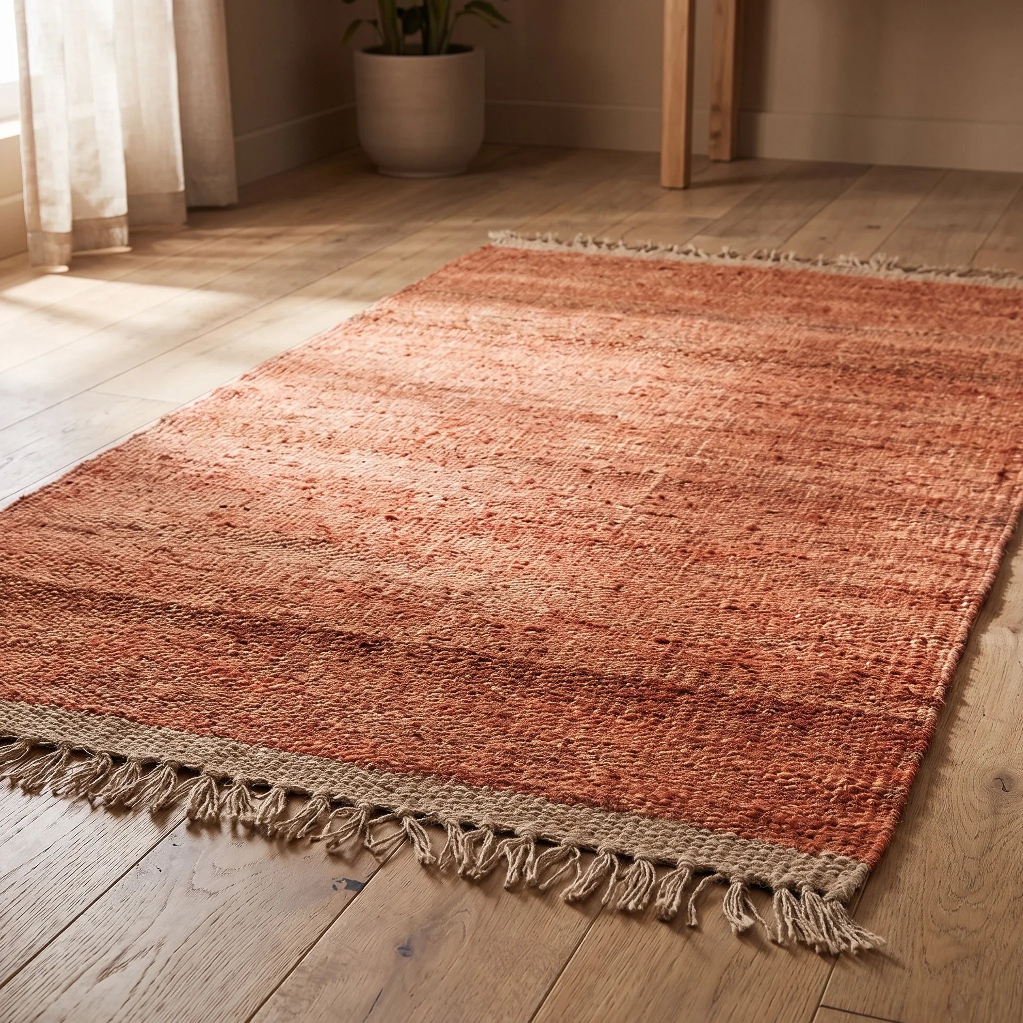 Handwoven Jute Rug - Natural & Rustic — ambient room context in soft natural light
