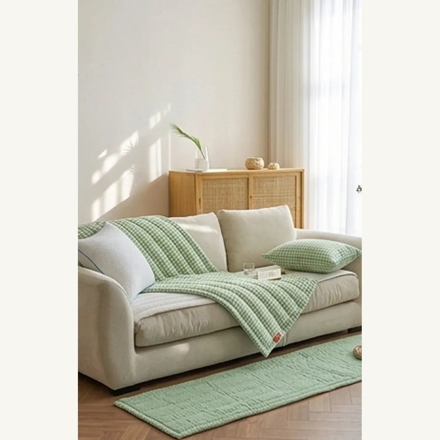Green Gingham Sofa Protector & Rug Set - Cozy Living Room Decor — ambient room context in soft natural light