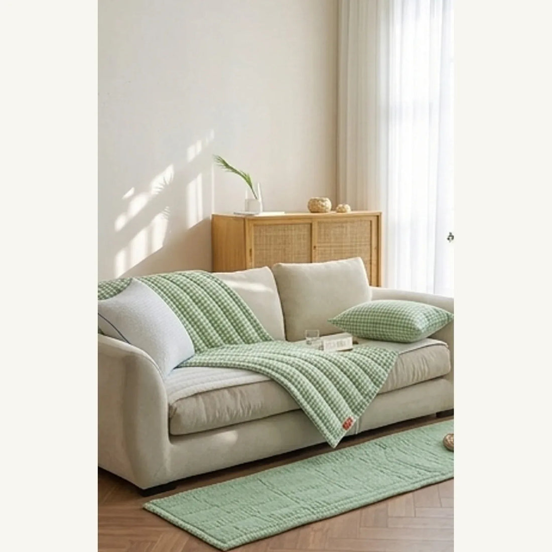 Green Gingham Sofa Protector & Rug Set - Cozy Living Room Decor — ambient room context in soft natural light