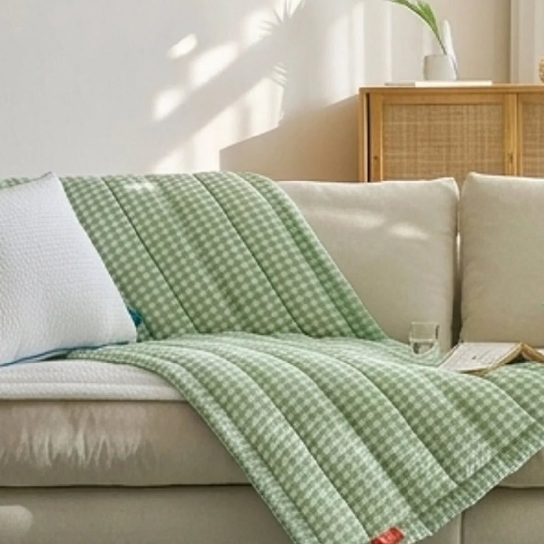 Green Gingham Sofa Protector & Rug Set - Cozy Living Room Decor — ambient room context in soft natural light