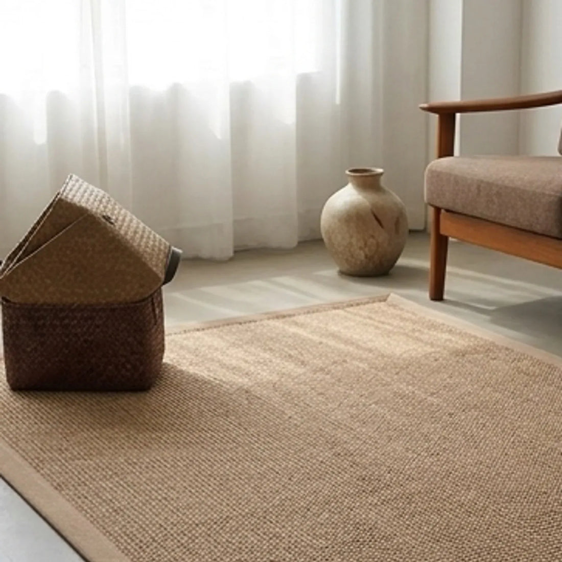 Natural Jute Rug – Handwoven | Tones, Rustic Home Decor — ambient room context in soft natural light