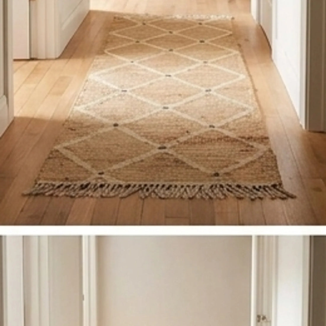 Indian Jute Rug - Beige Diamond Pattern — ambient room context in soft natural light