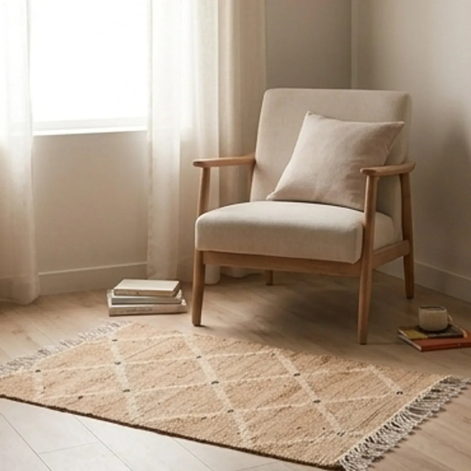 Indian Jute Rug - Beige Diamond Pattern — ambient room context in soft natural light