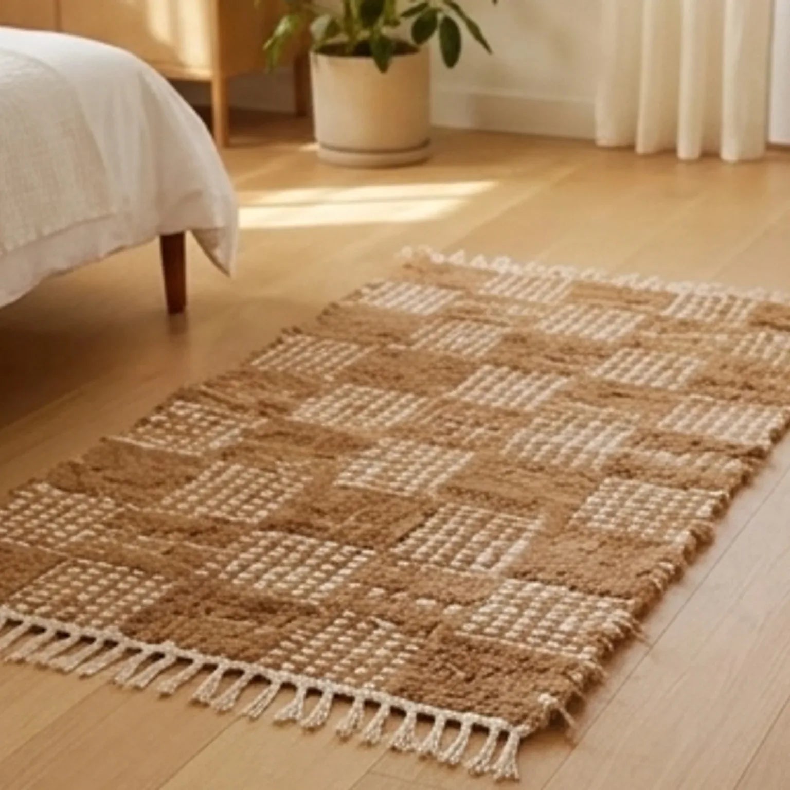 Handwoven Cotton Checkered Rug  2.3x4.6 — ambient room context in soft natural light
