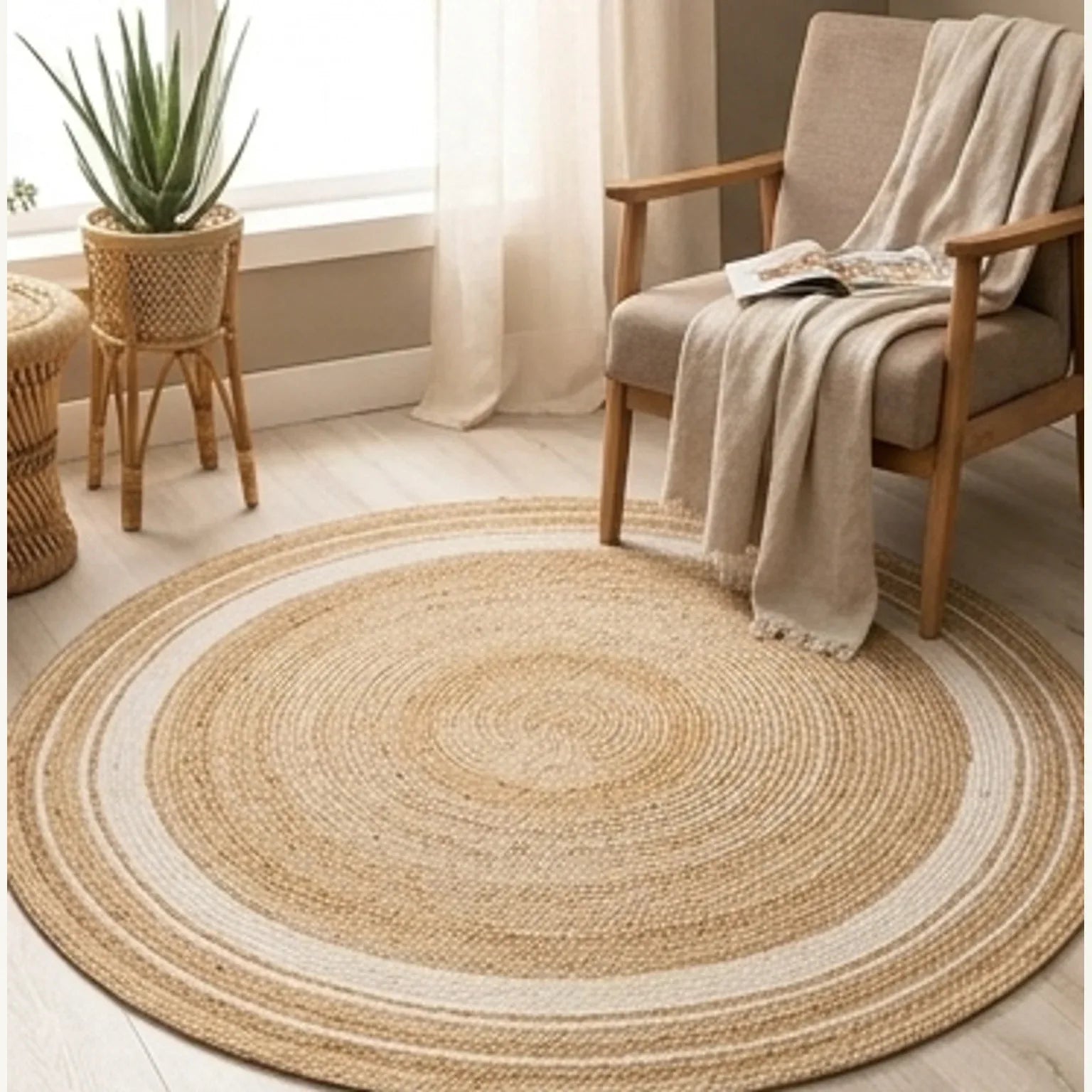 Round Jute Rug — ambient room context in soft natural light