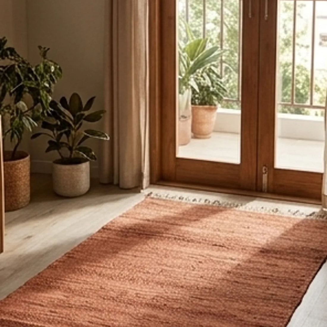 Handwoven Jute Rug - Natural & Rustic — ambient room context in soft natural light