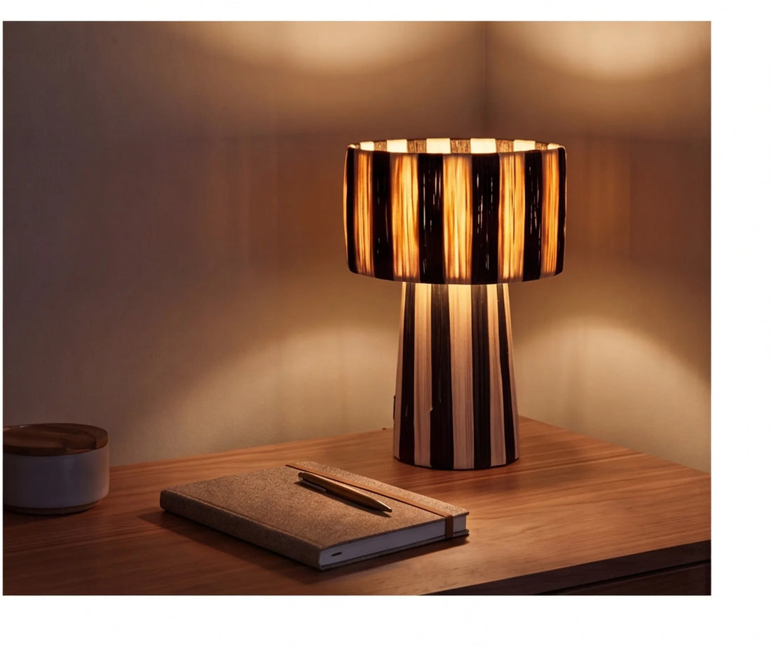 Moroccan raffia striped desk lamp glowing warmly on desk with journal and pen in cozy evening bedroom corner