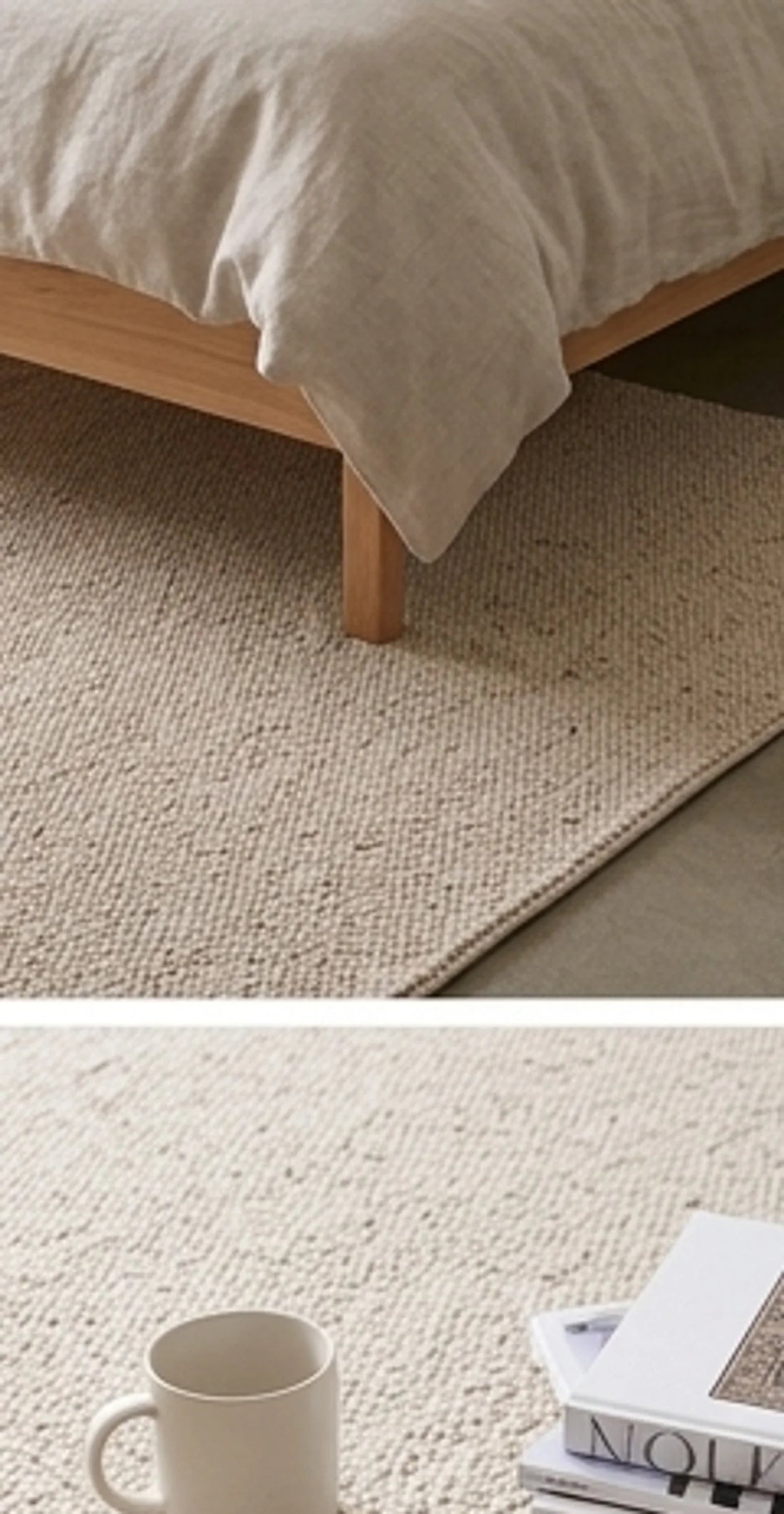 Natural Handwoven New Zealand Wool Rug — scale reference beside a complementary prop