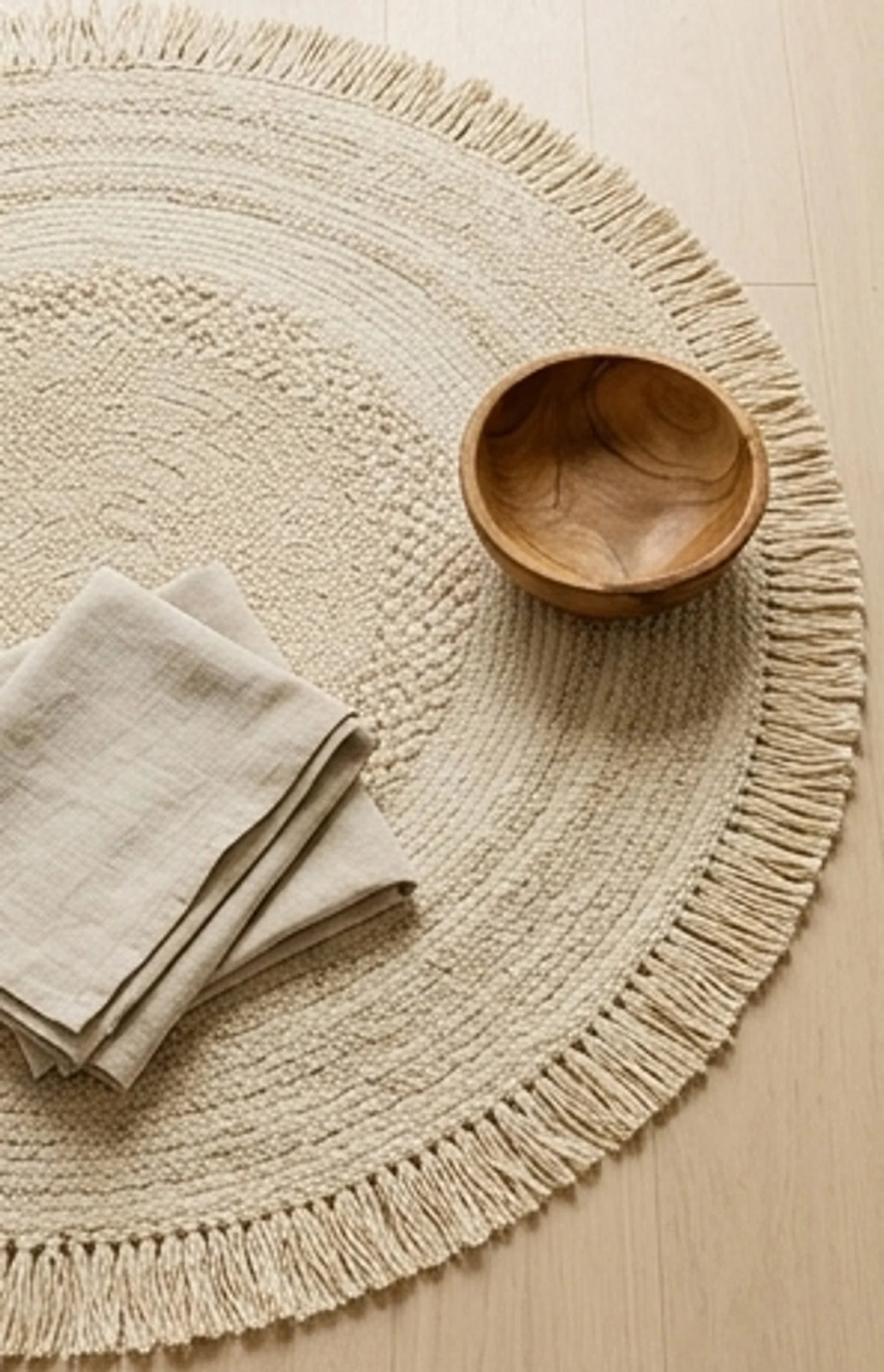 Round Wool Braided Rug — scale reference beside a complementary prop
