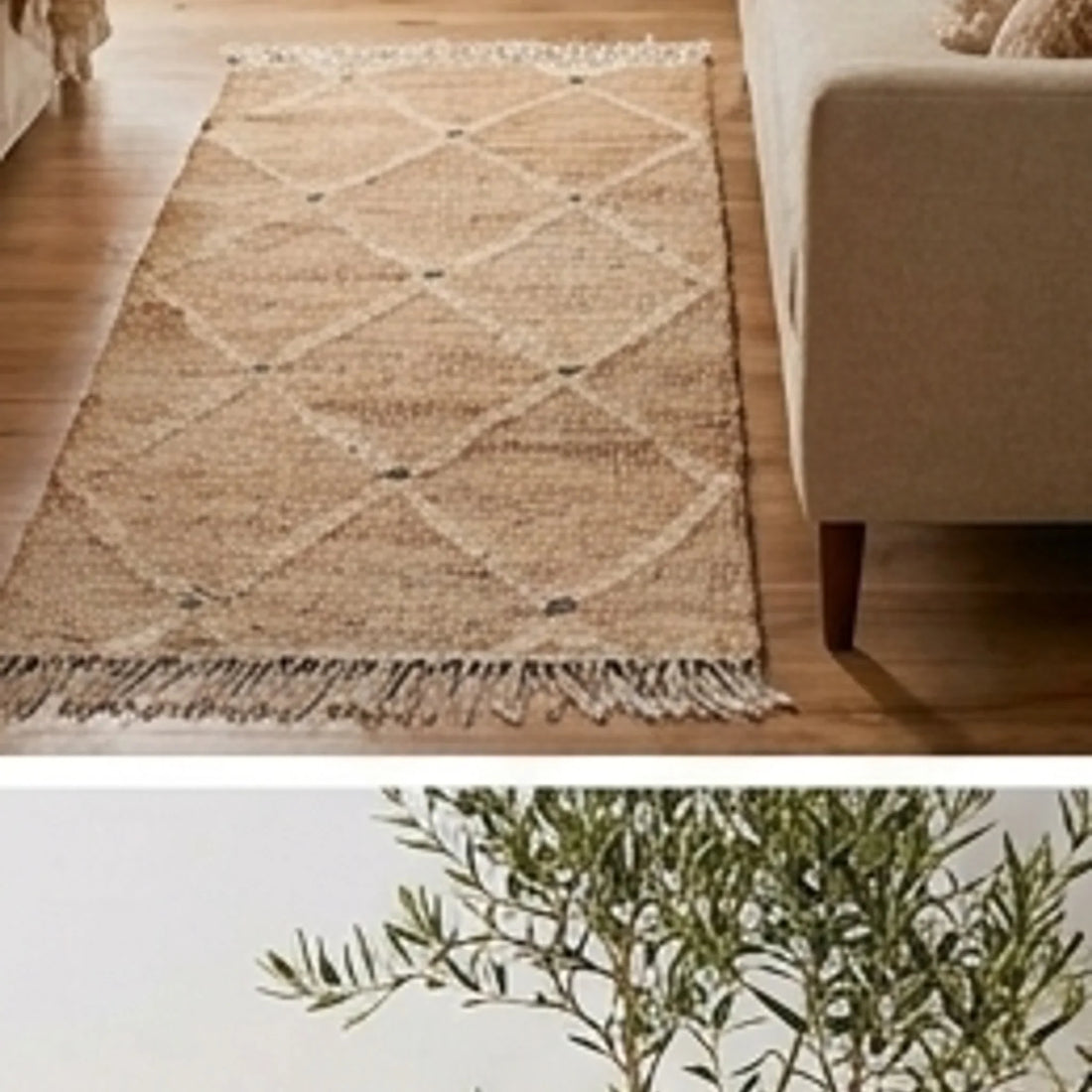 Indian Jute Rug - Beige Diamond Pattern — scale reference beside a complementary prop