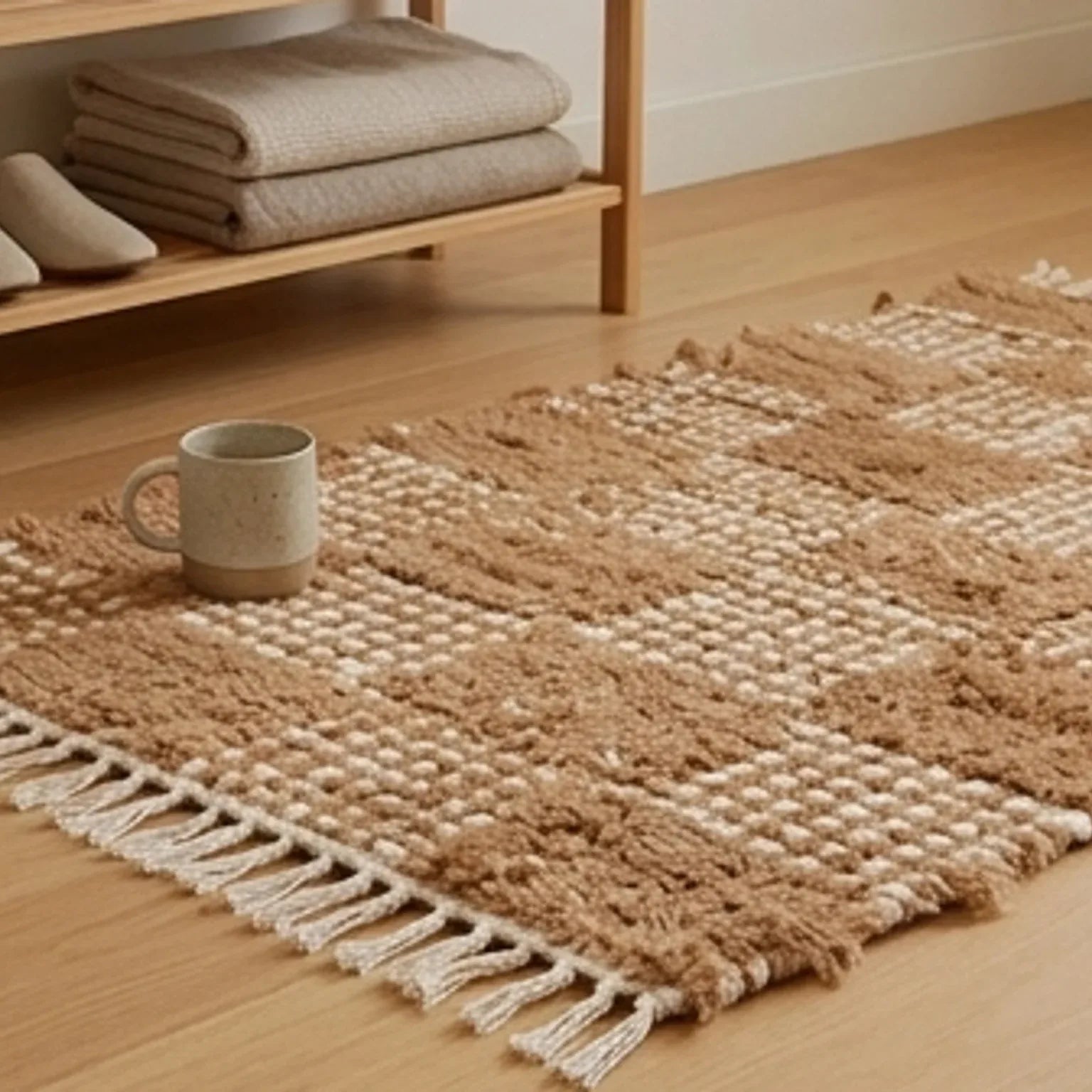 Handwoven Cotton Checkered Rug  2.3x4.6 — scale reference beside a complementary prop