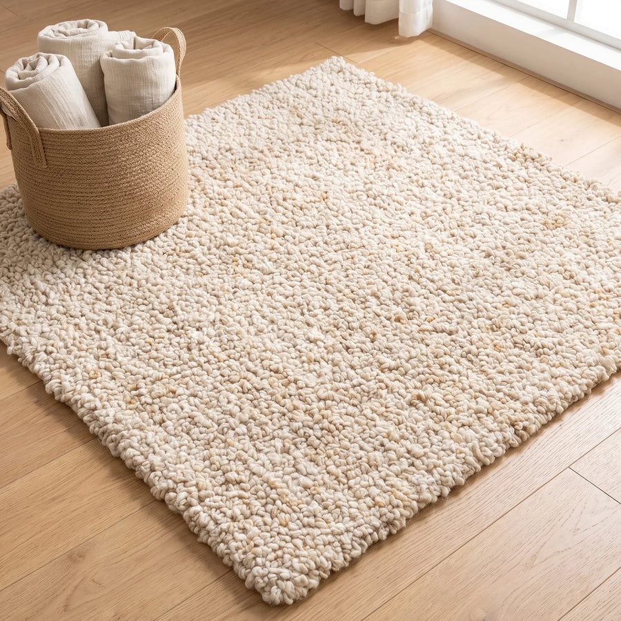 100% Hand-Woven Fluffy Beige Rug, Modern Area Rug, Stain Resistant, for Living Room, Bedroom — scale reference beside a complementary prop