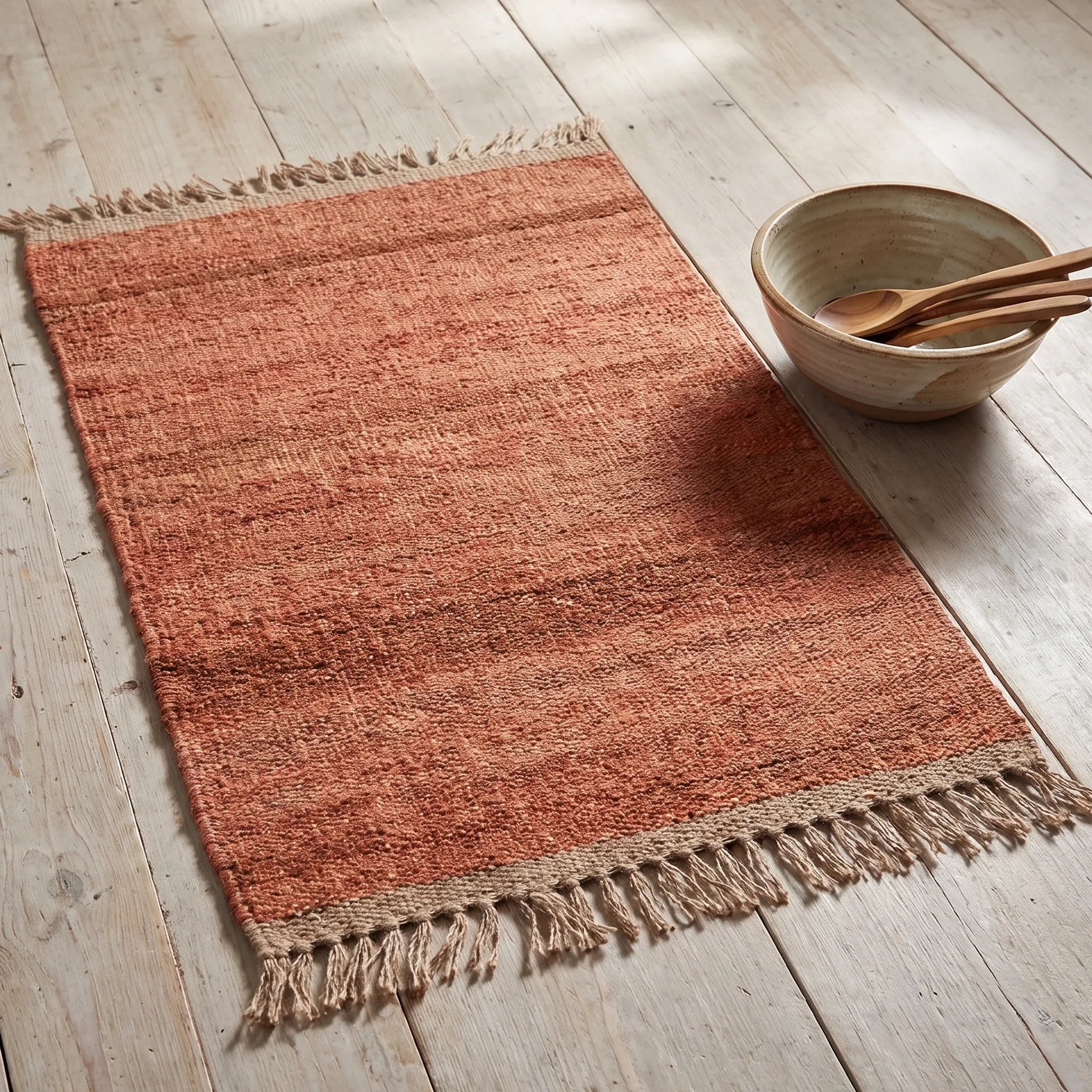 Handwoven Jute Rug - Natural & Rustic — scale reference beside a complementary prop