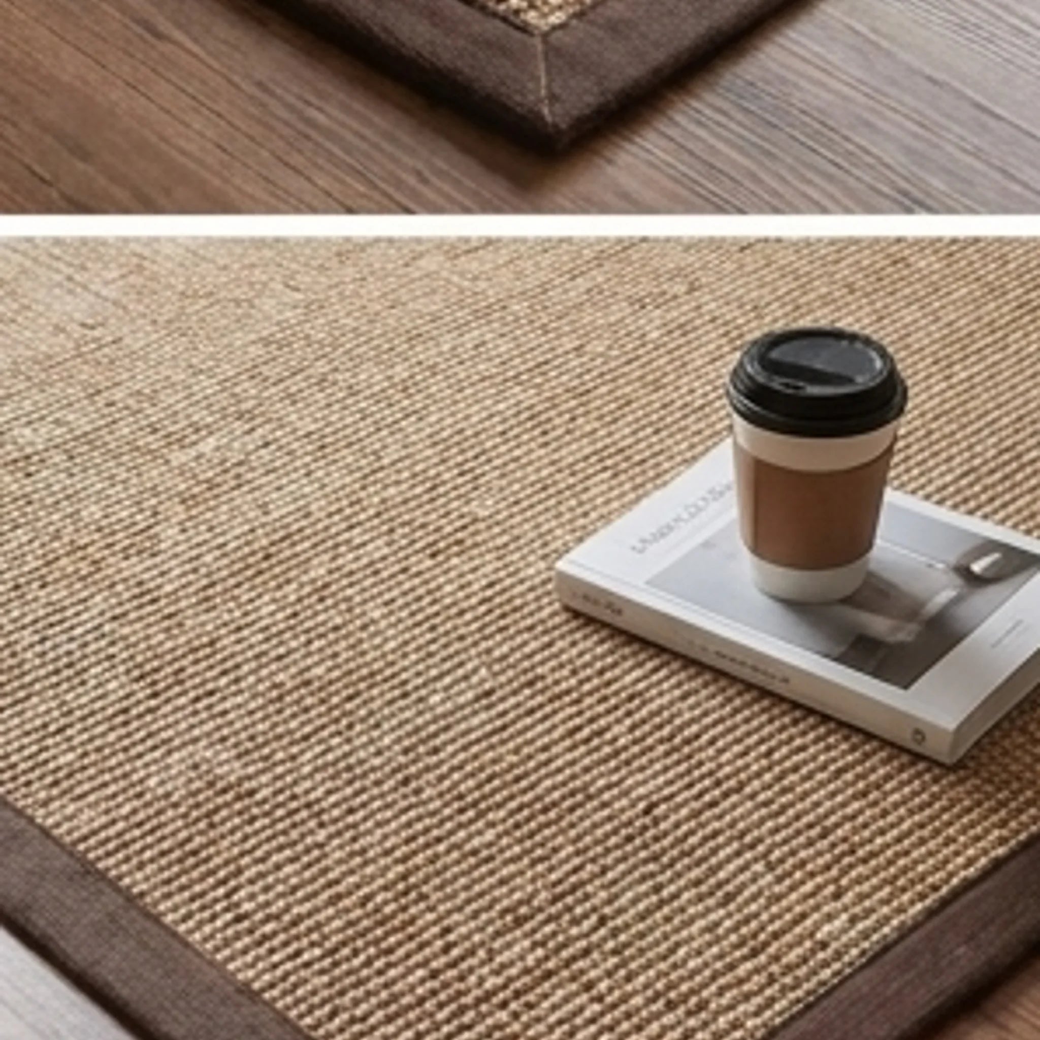 Natural Jute Rug – Handwoven | Tones, Rustic Home Decor — scale reference beside a complementary prop