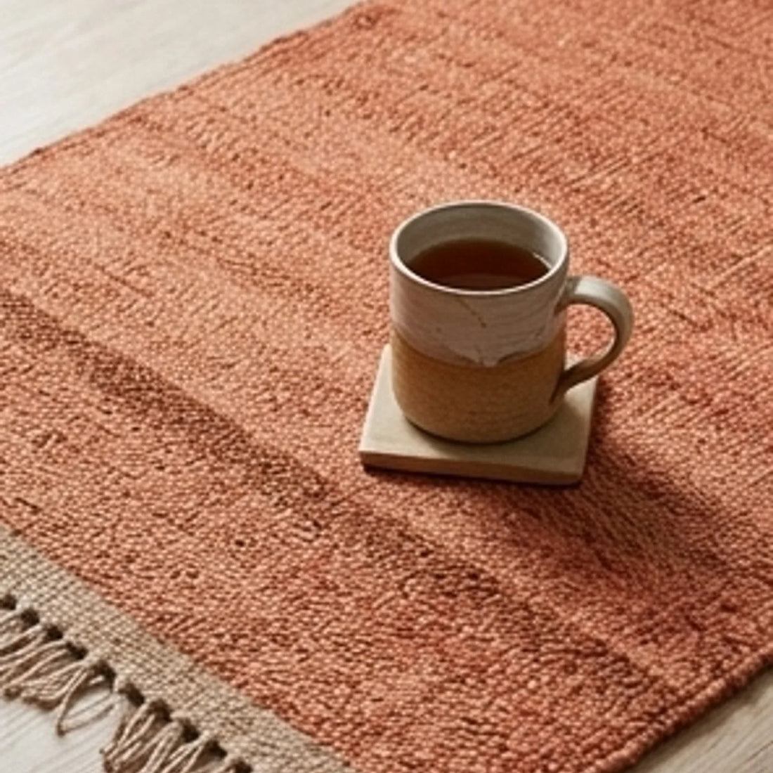 Handwoven Jute Rug - Natural & Rustic — scale reference beside a complementary prop