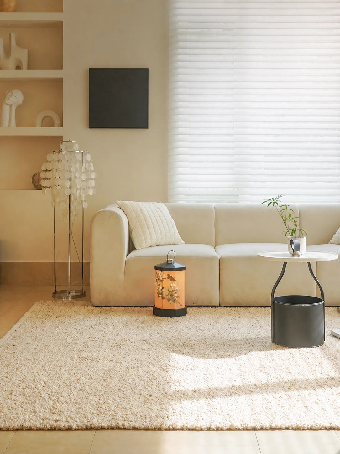 100% Hand-Woven Fluffy Beige Rug — living-room lifestyle photo, original Chinese promotional text removed
