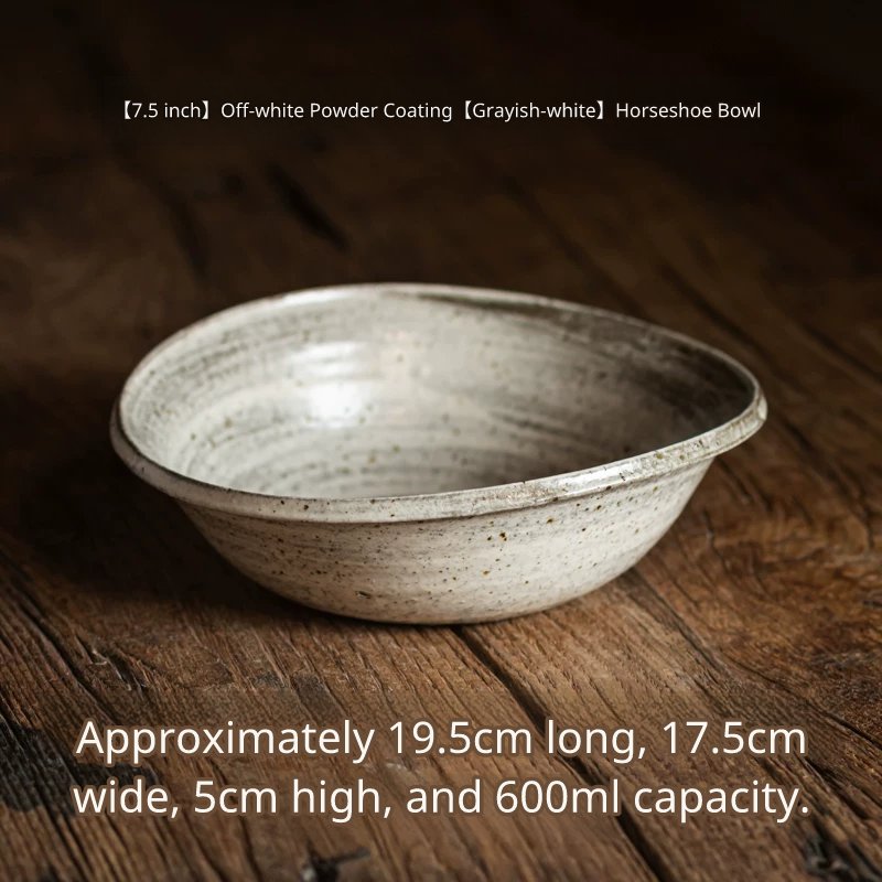 Light gray/white 7.5-inch ceramic bowl, 19.5cm x 17.5cm x 5cm, 600ml capacity.