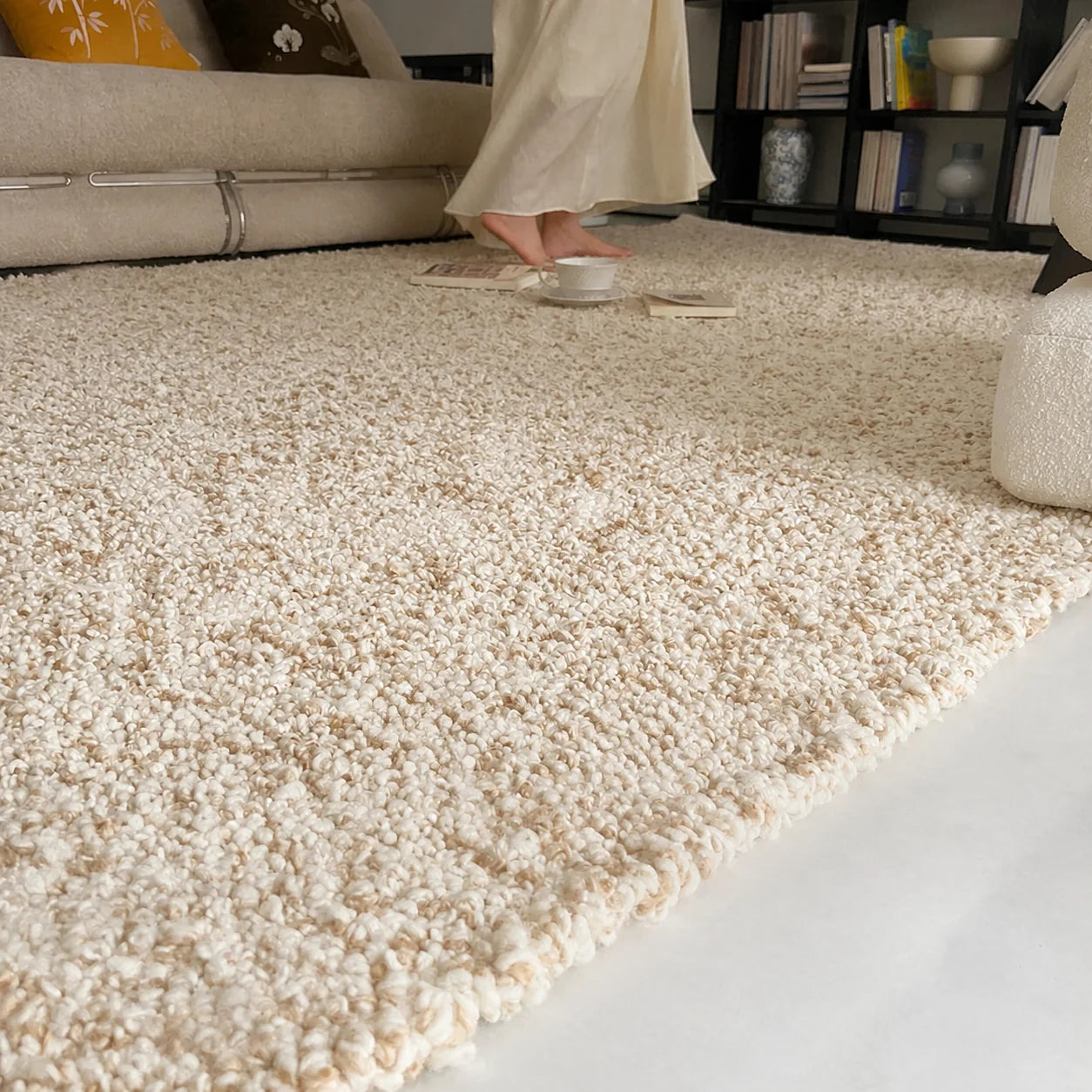 100% Hand-Woven Fluffy Beige Rug — soft natural lifestyle photo, original Chinese promotional text removed