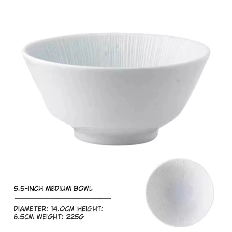 5.5 inch medium bowl, 14.0cm diameter, 6.5cm high, 225g weight, white textured bowl.