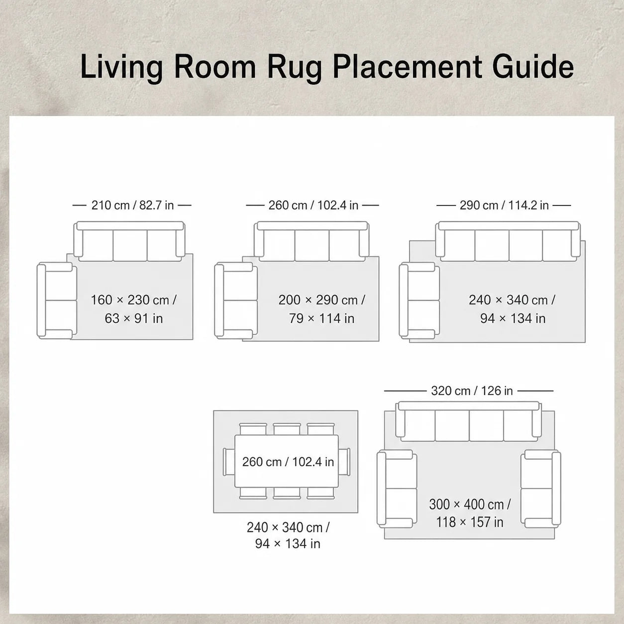100% Hand-Woven Fluffy Beige Rug — living-room rug placement guide in English with cm and inches