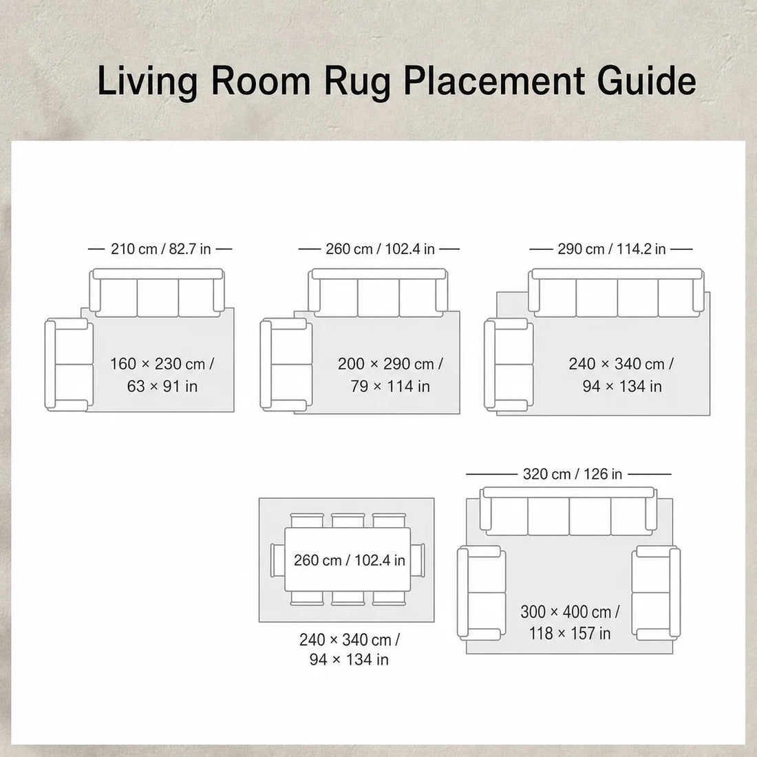 100% Hand-Woven Fluffy Beige Rug — living-room rug placement guide in English with cm and inches