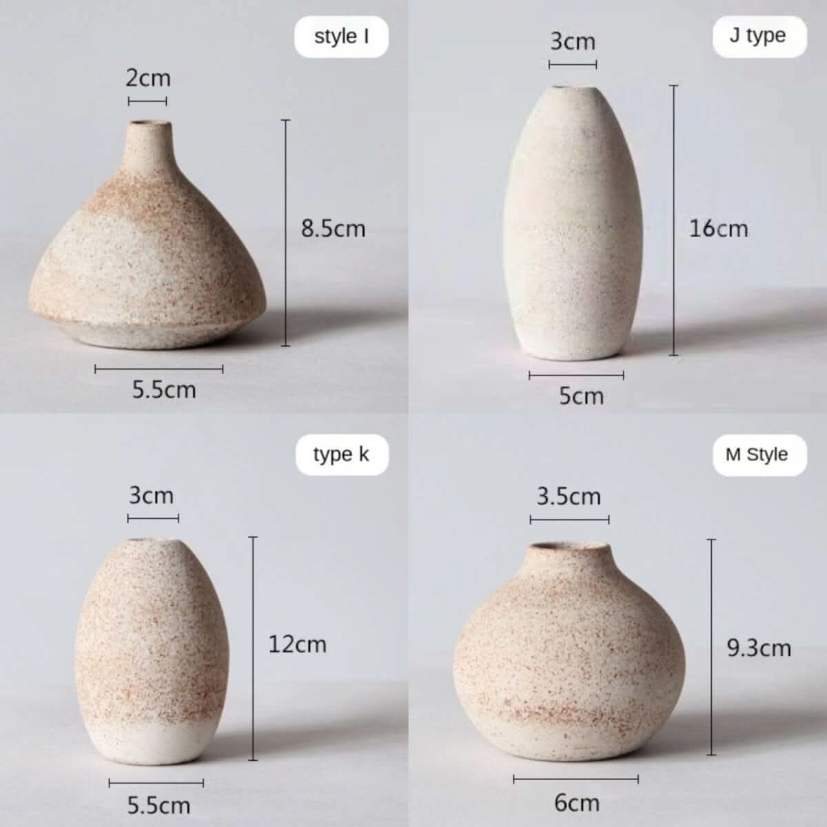 Cream ceramic vases, various styles shown with dimensions. Home decor.