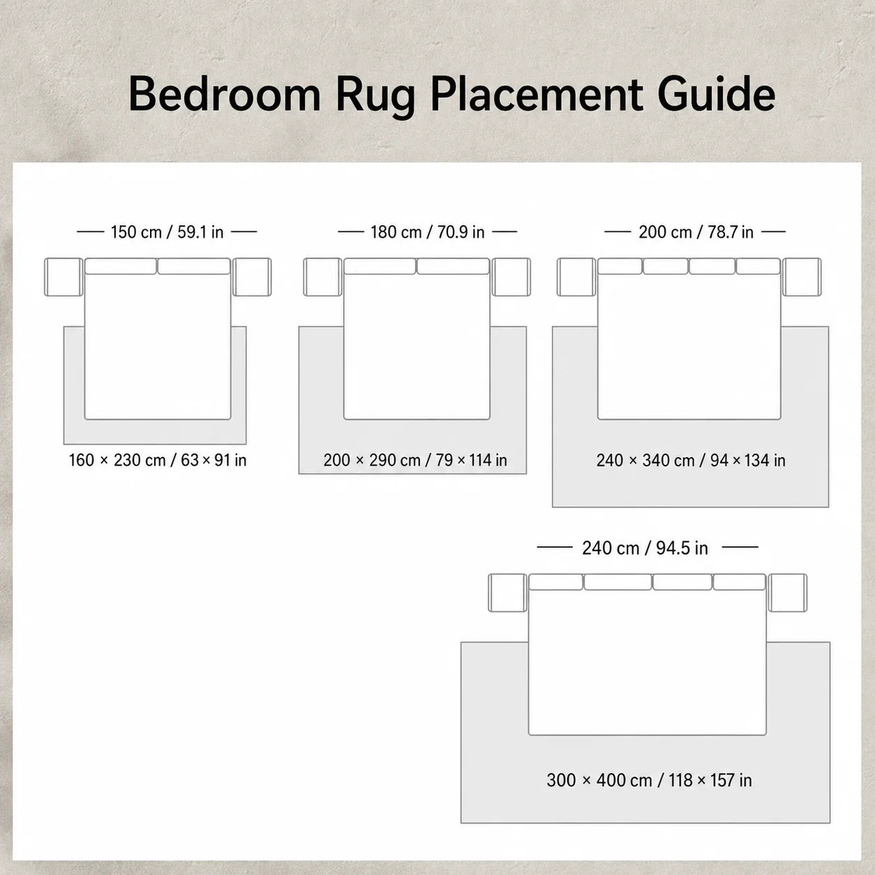 100% Hand-Woven Fluffy Beige Rug — bedroom rug placement guide in English with cm and inches