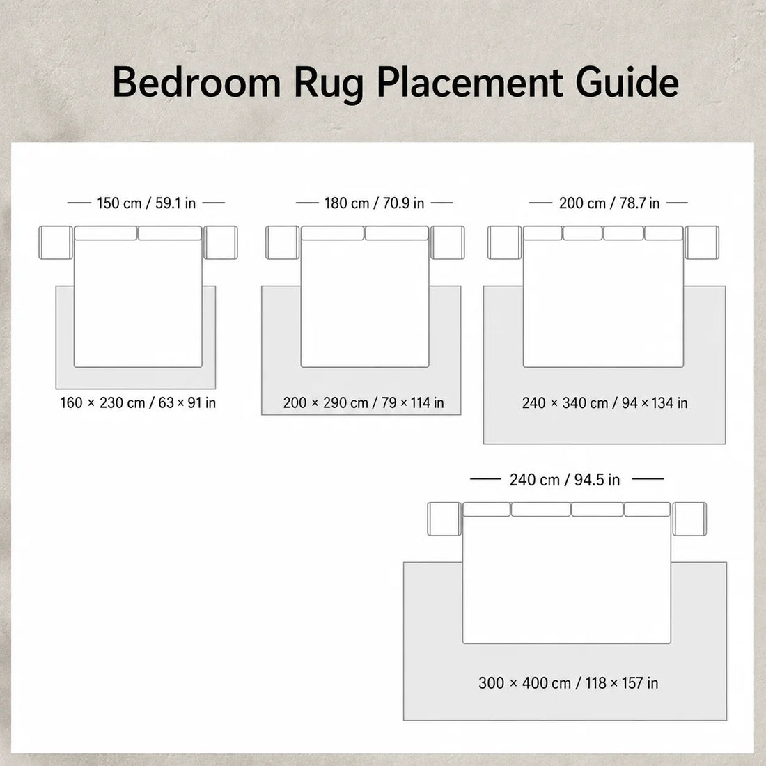 100% Hand-Woven Fluffy Beige Rug — bedroom rug placement guide in English with cm and inches