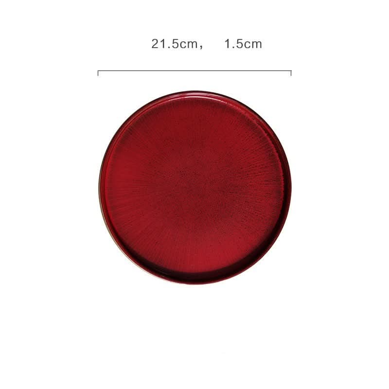 Red flat ceramic glazed plate, kiln glazed tableware, diameter 21.5cm, height 1.5cm.